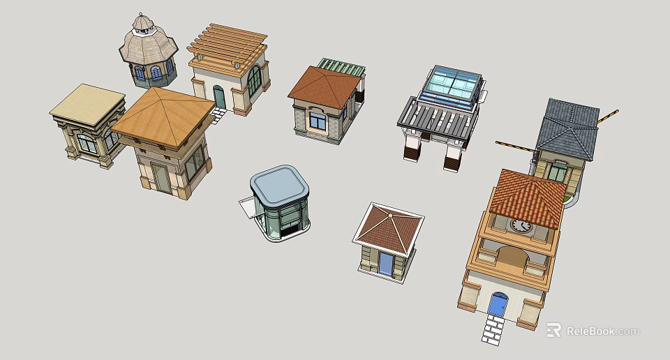 Various Small Building Models With Different Roof Styles And Architectural Structures 3d model