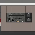 Modern Beige Kitchen Sideboard With Glass Holders Bottles And Fruit Lighting