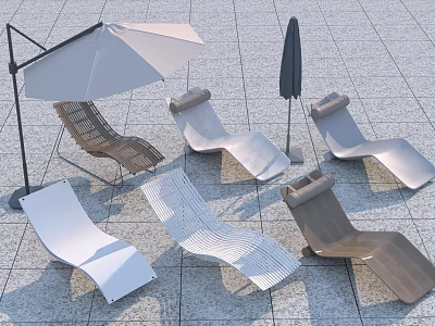 Outdoor Patio Lounge Chairs With Various Designs And Umbrellas On Stone Floor 3d model