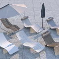 Outdoor Patio Lounge Chairs With Various Designs And Umbrellas On Stone Floor