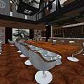 Modern Bar Interior Design With Open Space Brown Chairs Black Tables And Brick Wall
