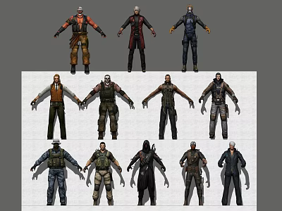 Game And Movie Character Designs With Different Outfits In Standing Poses 3d model