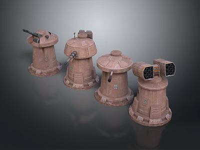 Four Detailed Brown Tower Like Structures With Sci Fi Turret Devices Models 3d model