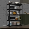 Kitchen Shelf with Microwave Containers in Modern Kitchen with White Wall and Green Cabinets