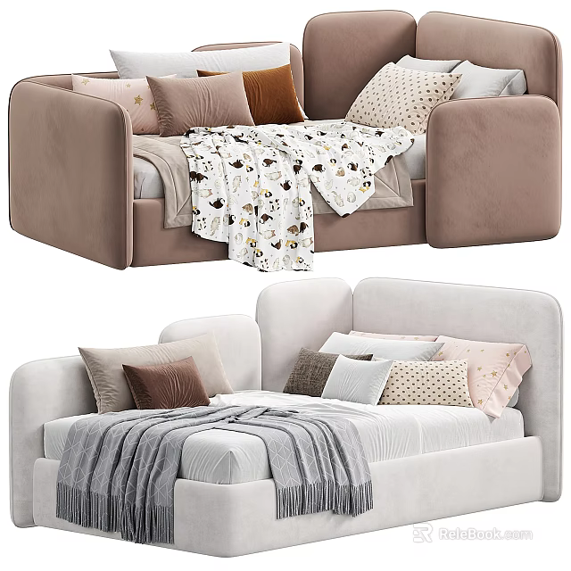 Two Cozy Brown And White Sofa Beds With Colorful Pillows And Soft Blankets 3d model 