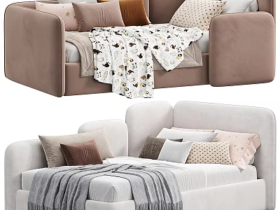 Two Cozy Brown And White Sofa Beds With Colorful Pillows And Soft Blankets 3d model