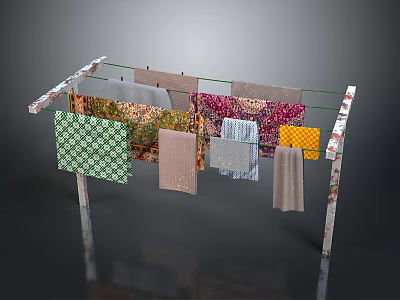 Clothesline Displaying Colorful Patterned Fabrics In Various Designs 3d model