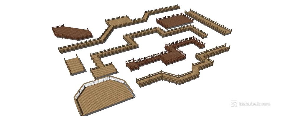 Wooden Garden Features With Various Platforms And Paths For Outdoor Landscape Design 3d model 