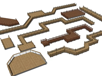 Wooden Garden Features With Various Platforms And Paths For Outdoor Landscape Design 3d model