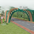 Scenic Village Entrance Gate With Green Frame Mountain View And Road