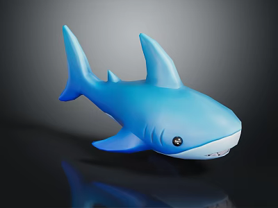 Blue Shark Toy Figure With Fin Tail and Black Eyes on Reflective Black Surface 3d model