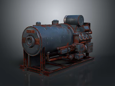 Vintage Industrial Equipment With Large Cylindrical Tank Rusty Metal Base And Pipes 3d model