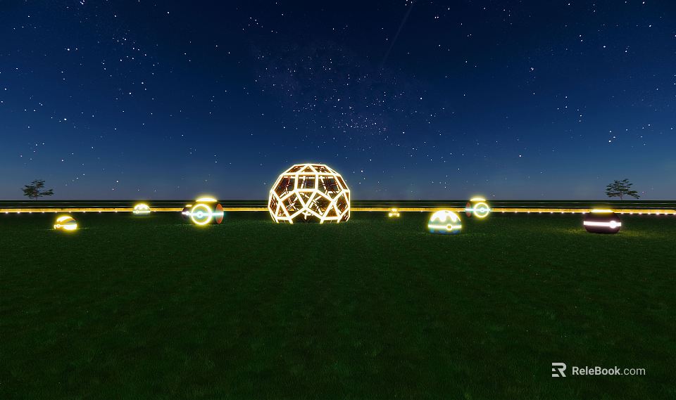 Outdoor Lights Illuminated Starry Night Grassland With Large Spherical Geometric Structure And Small Spherical Lamps 3d model 