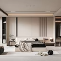 Modern Bedroom Interior with Bed Headboard Wall Nightstands Wardrobe Rug and Window Blinds