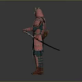 Man Wearing Traditional Red Samurai Armor With Helmet And Green Pants