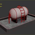 Cylindrical Metal Storage Tank With Red Ladder And Concrete Foundation Base