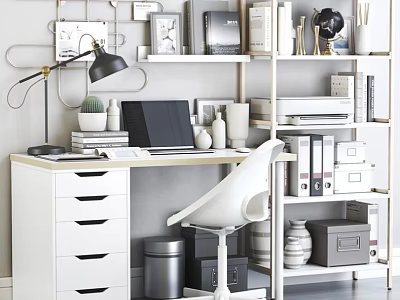 Modern Home Office Desk And Chair Combination With Bookshelf Laptop Lamp Books Storage Boxes 3d model