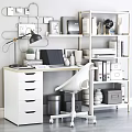 Modern Home Office Desk And Chair Combination With Bookshelf Laptop Lamp Books Storage Boxes