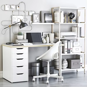 Office Desk and Chair Combination Desk Chair Leisure Chair Swivel Chair Bookshelf Desk Lamp Computer Book Ornaments Office 3d model