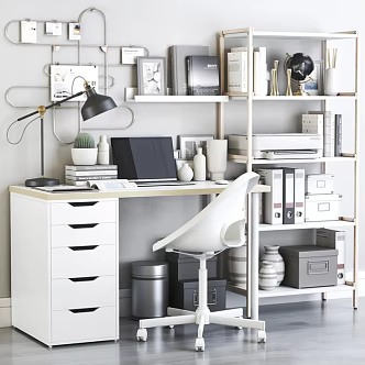 Office Desk and Chair Combination Desk Chair Leisure Chair Swivel Chair Bookshelf Desk Lamp Computer Book Ornaments Office 3d model