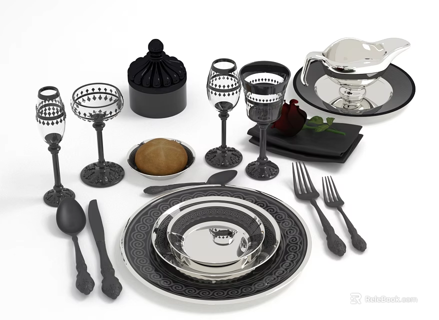 Elegant Black and Silver Dinnerware Set with Plates Cups Utensils Sauce Boat Rose Accent 3d model 