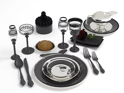 Elegant Black and Silver Dinnerware Set with Plates Cups Utensils Sauce Boat Rose Accent 3d model