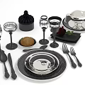 Elegant Black and Silver Dinnerware Set with Plates Cups Utensils Sauce Boat Rose Accent
