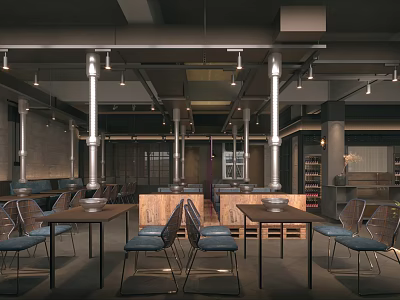 Modern Industrial Restaurant Interior With Wooden Tables Metal Chairs And Pendant Lighting 3d model