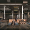Modern Industrial Restaurant Interior With Wooden Tables Metal Chairs And Pendant Lighting