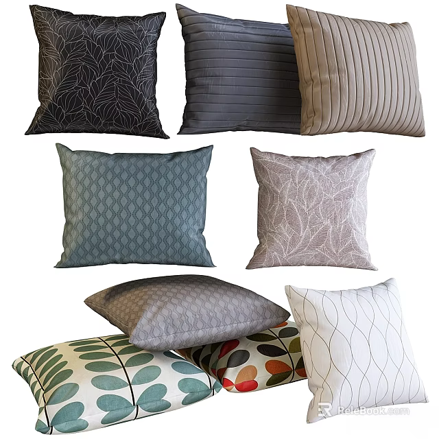 Stylish Throw Pillows With Leaf Patterns Striped And Geometric Designs In Assorted Colors 3d model 