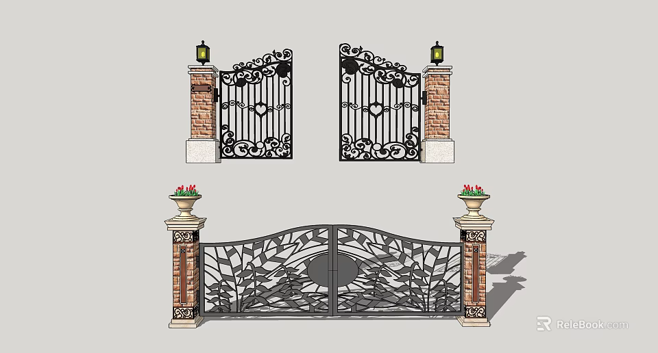 Ornate Iron Gates With Intricate Design Brick Pillars Decorative Lamps And Flower Pots 3d model 