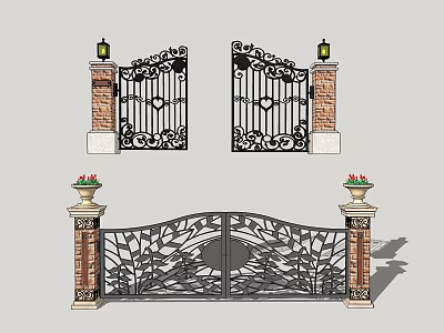 Ornate Iron Gates With Intricate Design Brick Pillars Decorative Lamps And Flower Pots 3d model