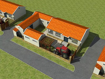 Scenic Rural House With Orange Roof White Walls And Red Tractor In Green Grass Courtyard 3d model