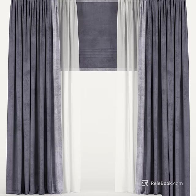 Dark Gray Velvet Curtains With Sheer Panels For Layered Window Design 3d model 