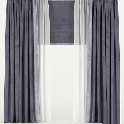 Dark Gray Velvet Curtains With Sheer Panels For Layered Window Design 3d model
