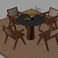 Round Outdoor Table with Four Wooden Mesh Chairs Flower Vase and Plant on Wooden Deck