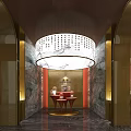 Modern Luxury Front Desk With Red Counter Round Pendant Light Marble Wall Gold Chinese Elements