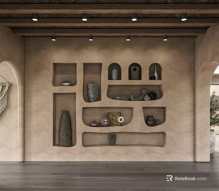 Rustic Background Wall Design With Built in Niches Decorative Items And Accent Lighting 3d model 