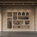 Rustic Background Wall Design With Built in Niches Decorative Items And Accent Lighting 3d model