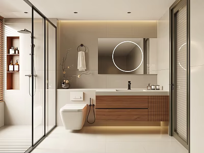 Modern Bathroom Interior Design With Glass Shower Toilet Round Mirror And Wooden Vanity 3d model