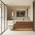 Modern Bathroom Interior Design With Glass Shower Toilet Round Mirror And Wooden Vanity