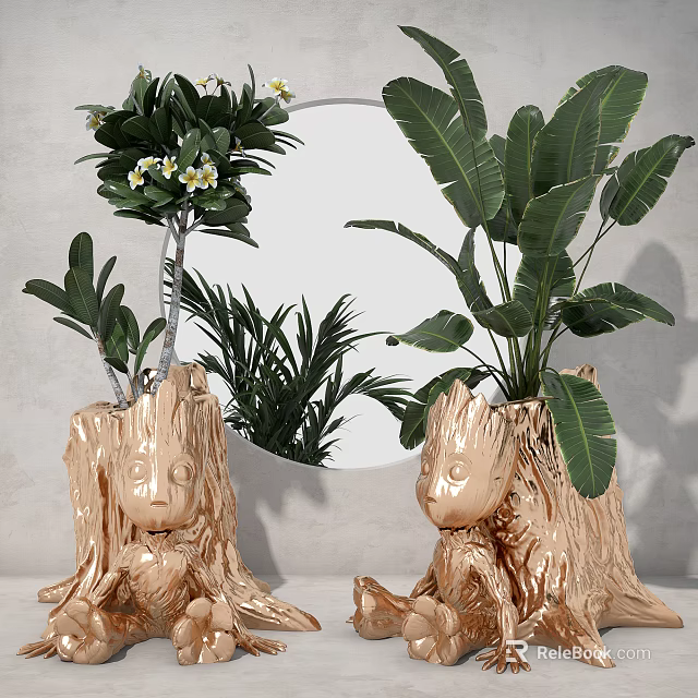 Golden Tree Stump Shaped Potted Plants With Large Green Leaves And White Flowers 3d model 