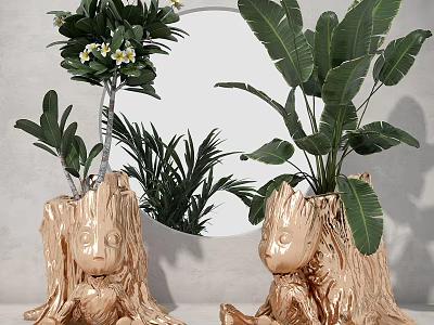 Golden Tree Stump Shaped Potted Plants With Large Green Leaves And White Flowers 3d model