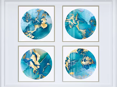 Four Circular Abstract Paintings With Blue And Gold Tones In White Framed Wall Art 3d model