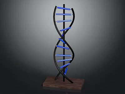 DNA Double Helix Model With Black Frame Blue Glowing Parts And Wooden Base 3d model