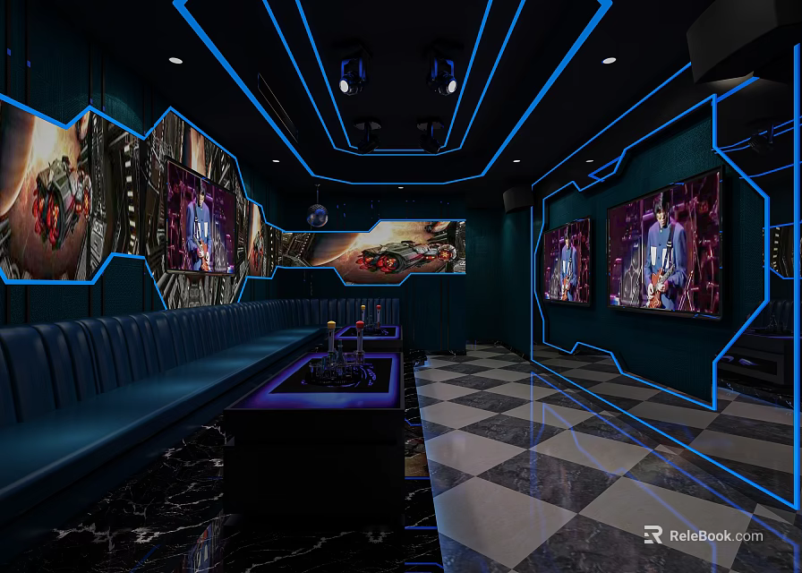 Modern KTV Interior With Neon Lights Blue Walls Comfortable Sofas Large Screens And Black And White Checkerboard Floors 3d model 