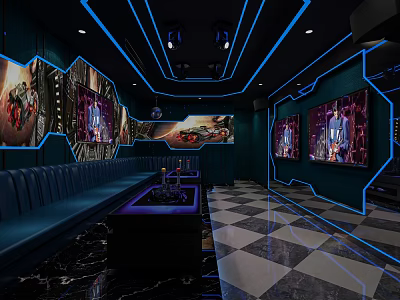 Modern KTV Interior With Neon Lights Blue Walls Comfortable Sofas Large Screens And Black And White Checkerboard Floors 3d model