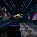 Modern KTV Interior With Neon Lights Blue Walls Comfortable Sofas Large Screens And Black And White Checkerboard Floors