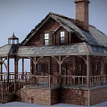 Cartoon Scene Charming Brick House With Wooden Frame Chimney Porch And Stairs