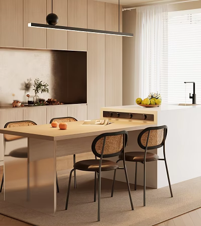 Sunlit Modern Restaurant Dining Space With Wooden Table Rattan Chairs And Fresh Fruits 3d model